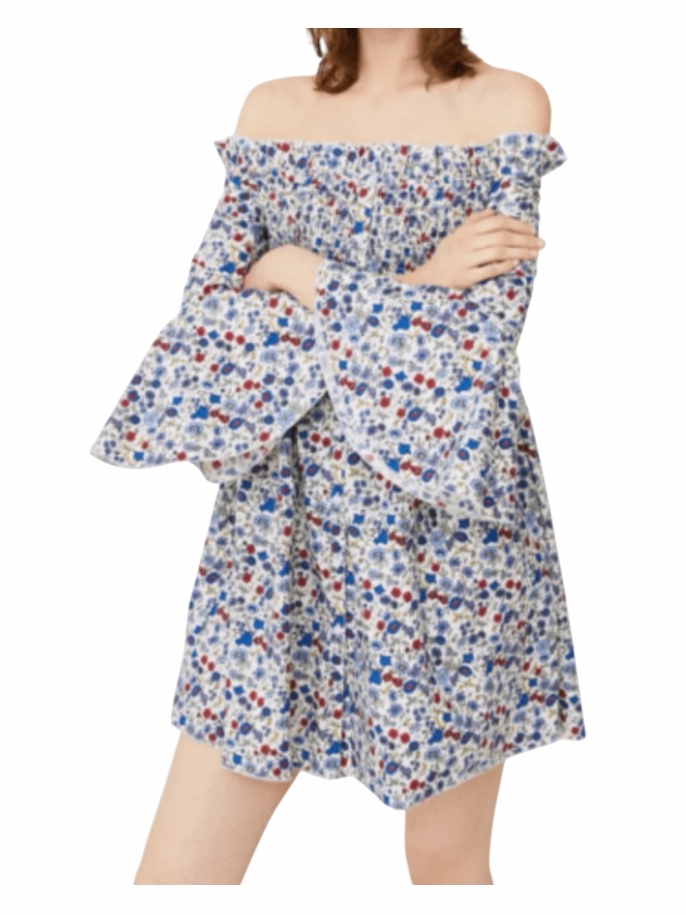 NWT! Mango Cotton Ditsy Floral off-the-Shoulder Bell Sleeve Dress. Size US 6.